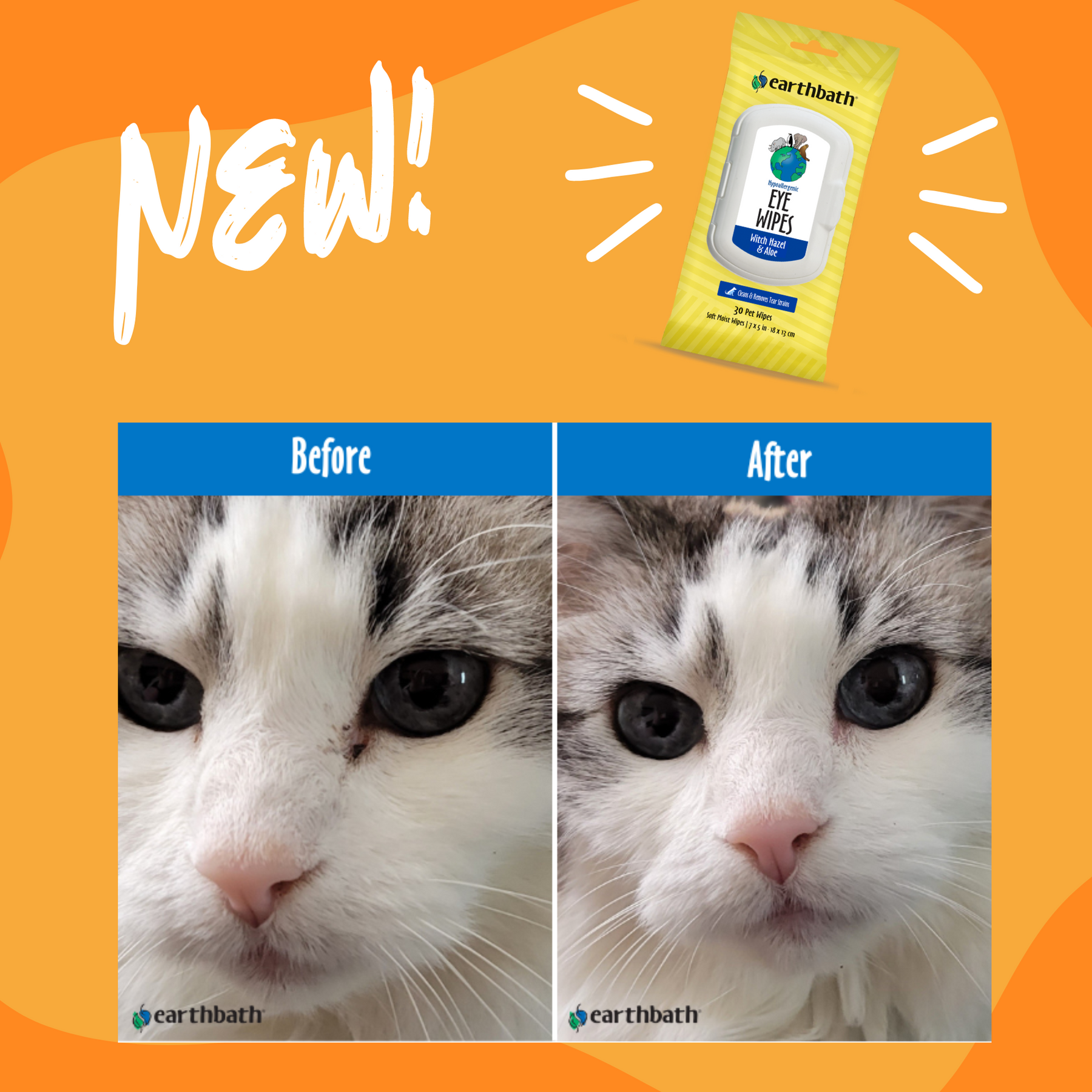 Before & after cat using Hypoallergenic Eye Wipes