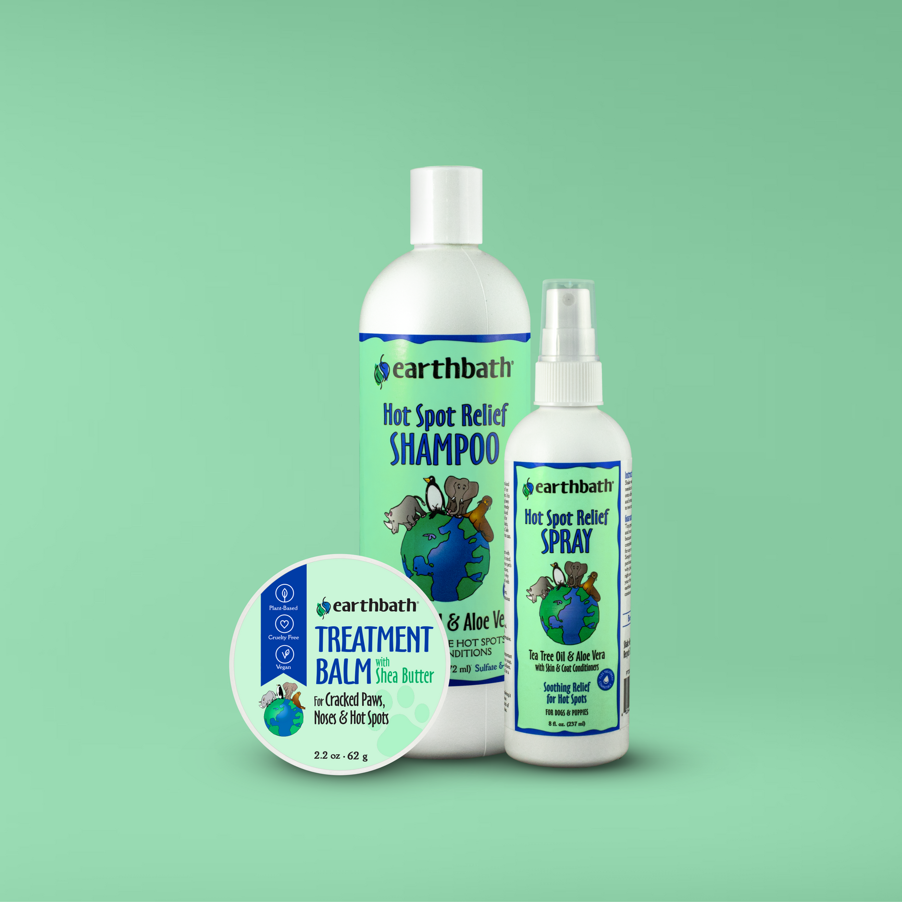 Earthbath pet care products, including shampoo, spray, and balm on a green background