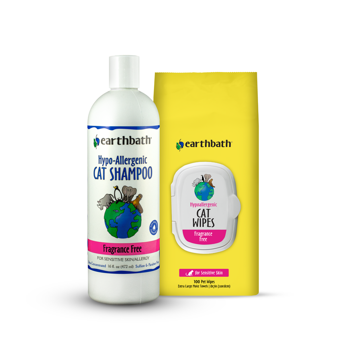 Earthbath hypo-allergenic cat shampoo bottle and wipes packaging on a white background