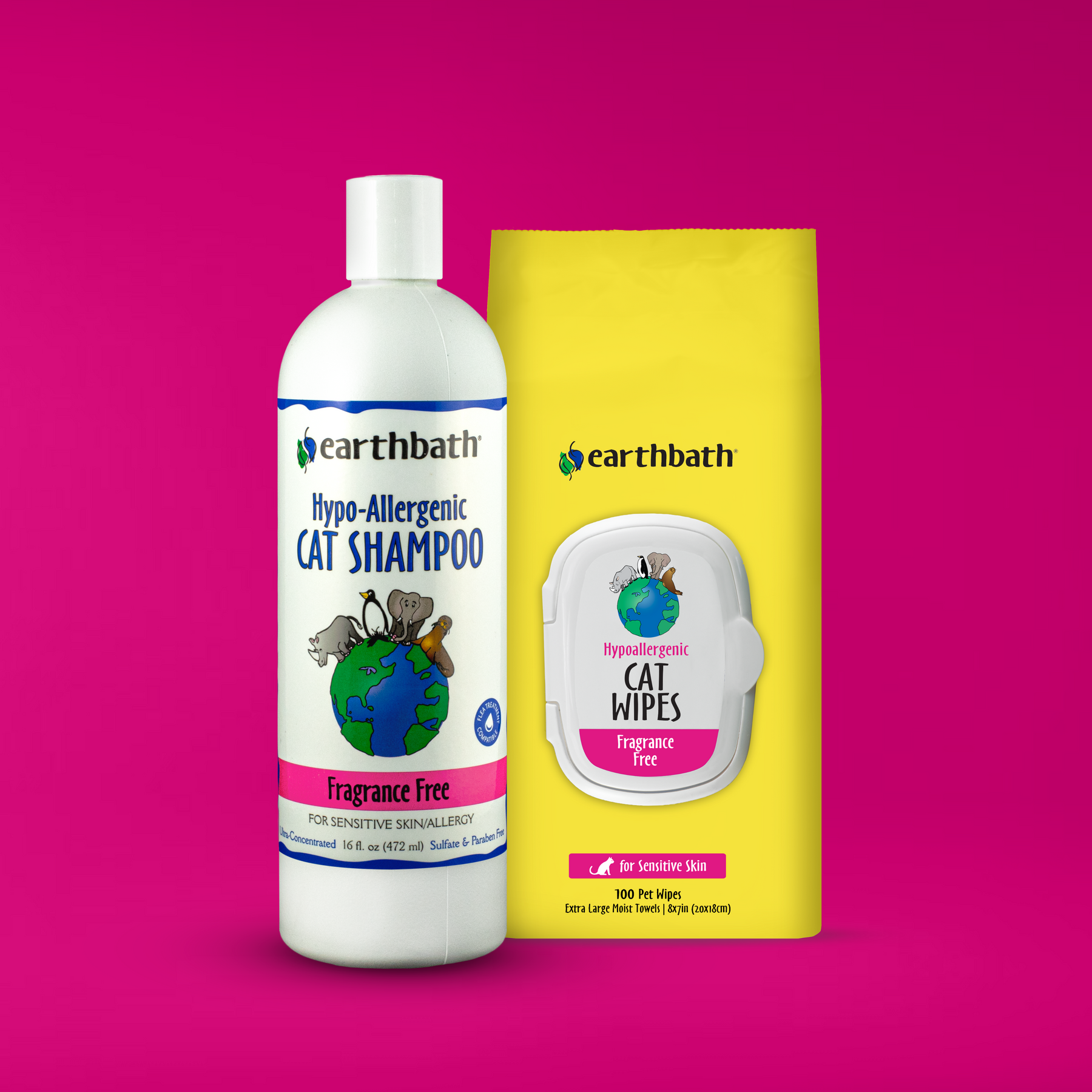 Earthbath hypo-allergenic cat shampoo bottle and wipes packaging on a pink background