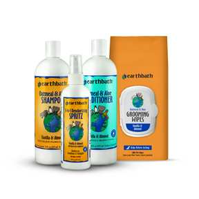 Earthbath pet care product set including shampoo, conditioner, spritz, and wipes on a white background