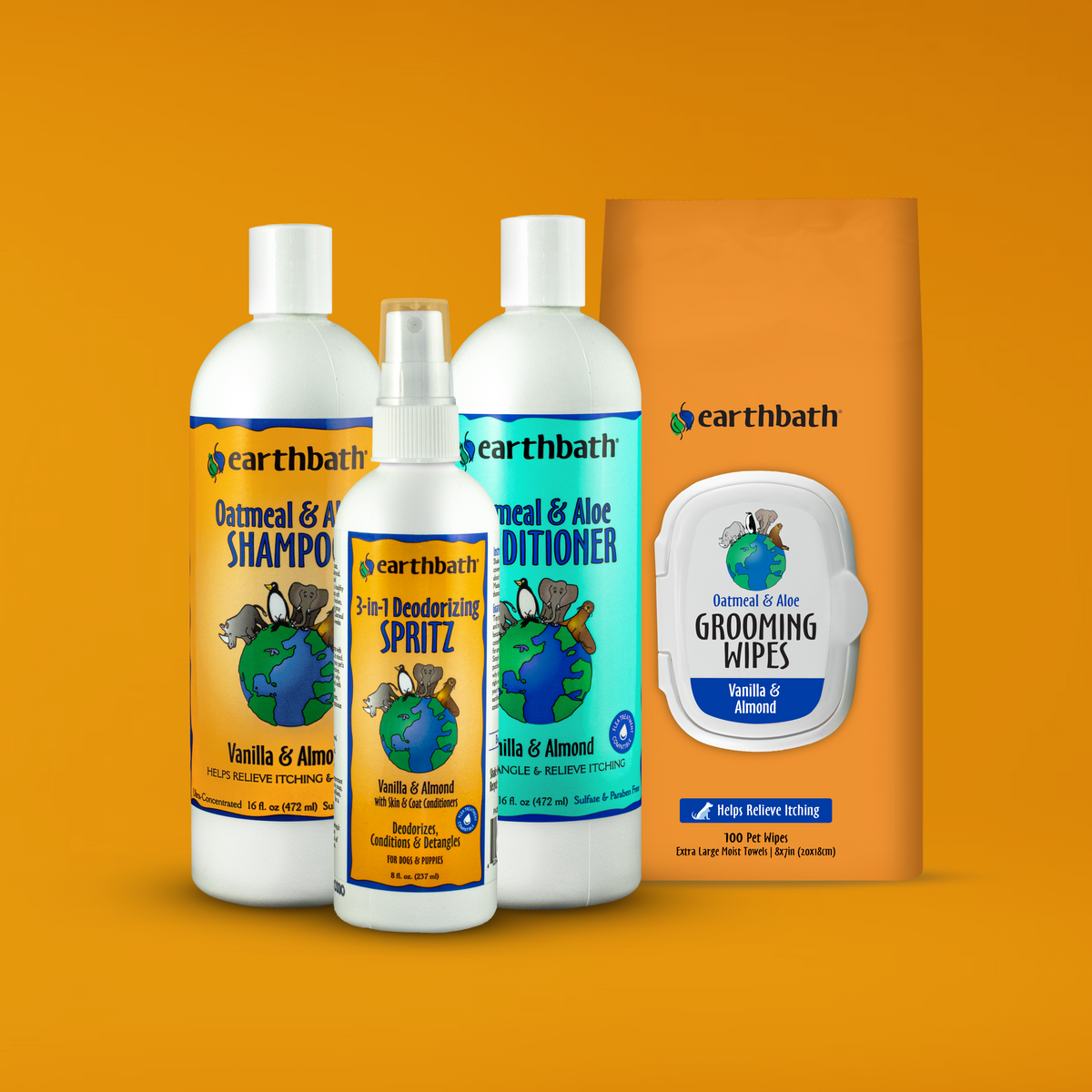 Earthbath pet care products including shampoo, conditioner, spritz, and wipes on an orange background