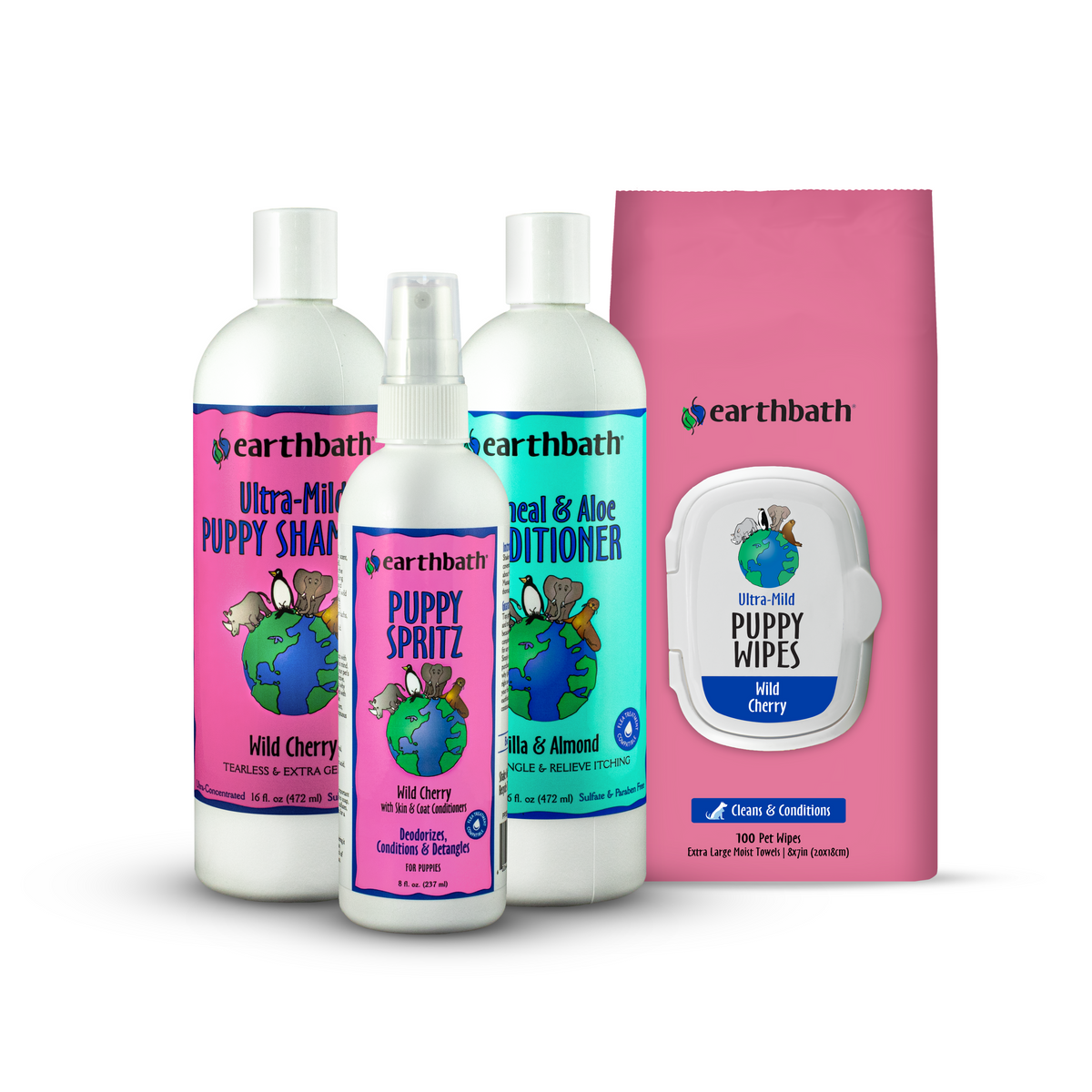 Collection of Earthbath pet care products including bottles and wipes on a white background