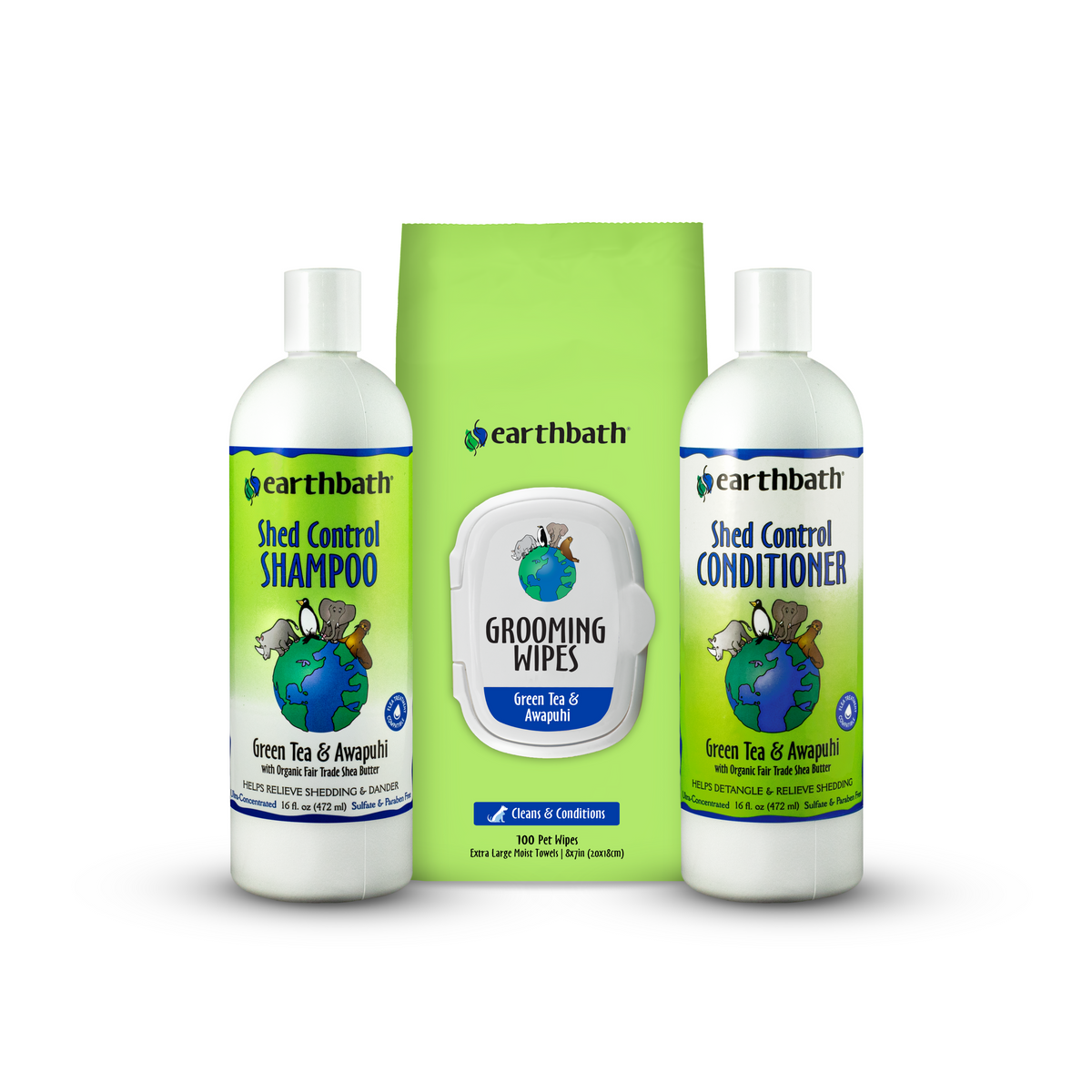 Earthbath pet grooming products including shampoo, conditioner, and wipes on a white background
