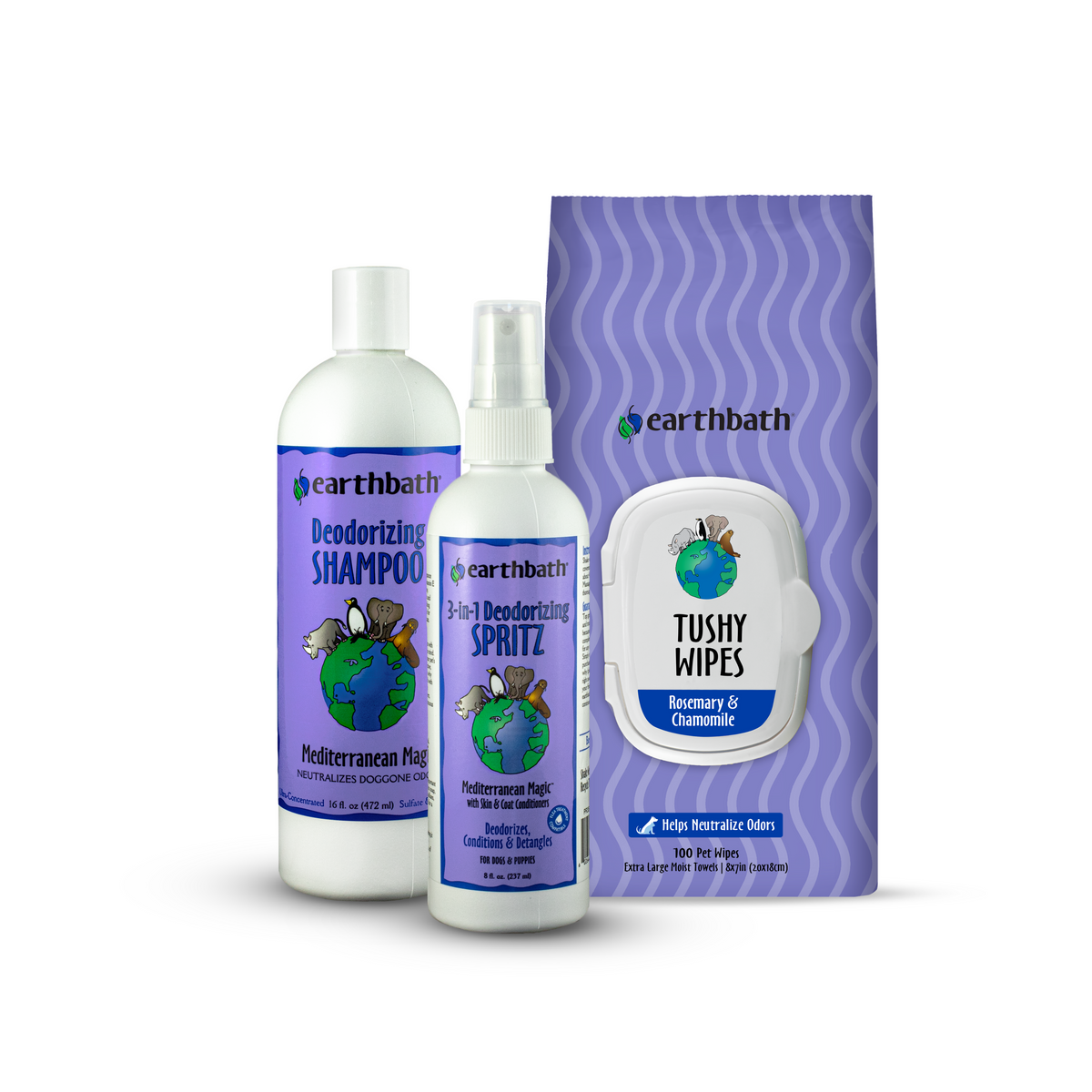 Earthbath pet care product set including shampoo, spritz, and wipes on a white background