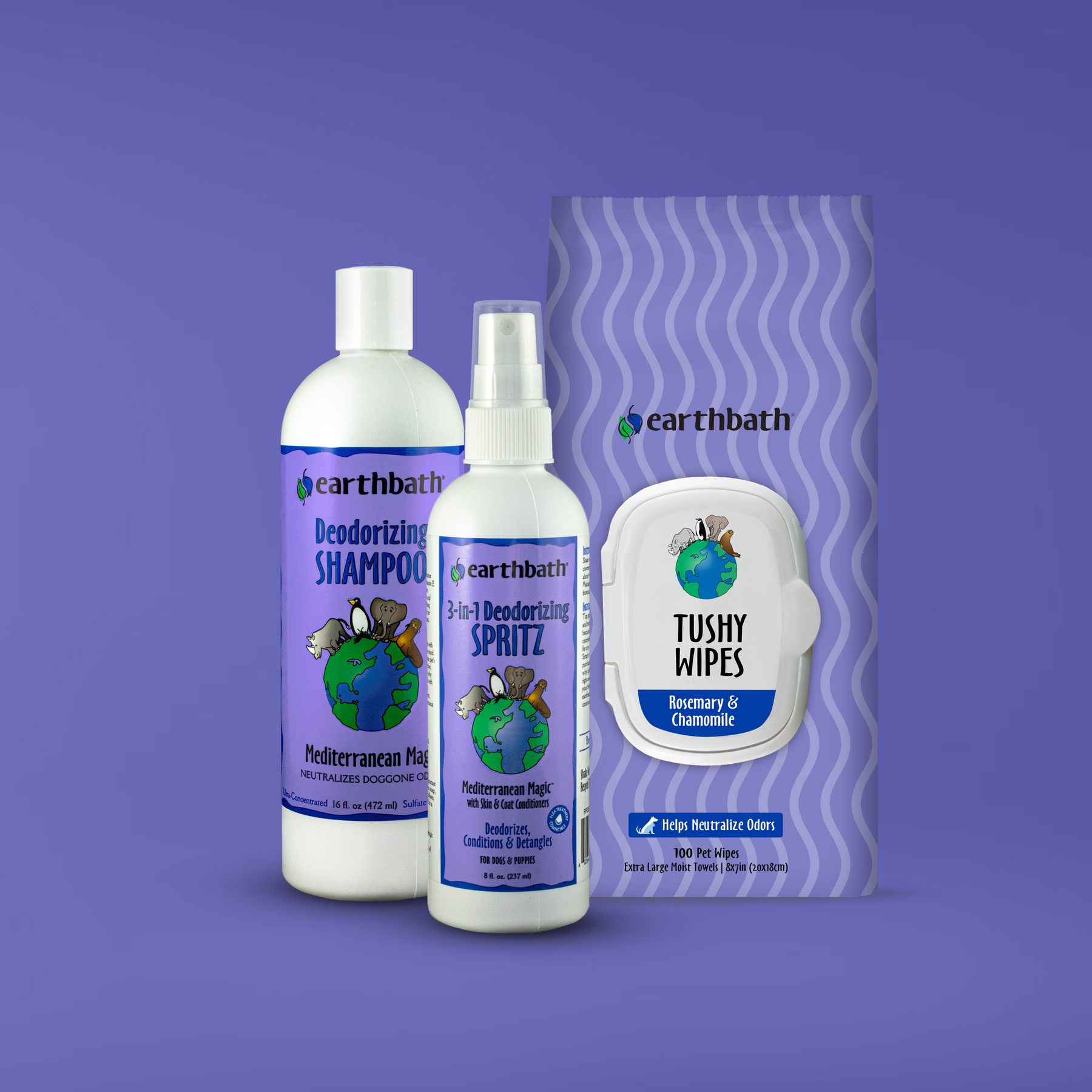 Earthbath pet care products including shampoo, spritz, and wipes on a purple background