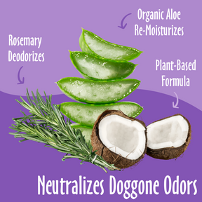 Neutralizes Doogone Odors elements like organic aloe, plant-based, and rosemary and their benefits.