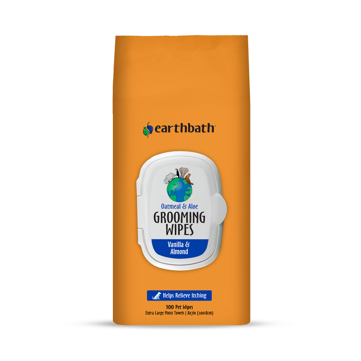 A pack of earthbath Grooming Wipes for pets, with Oatmeal & Aloe, vanilla and almond scent, in an orange packaging.