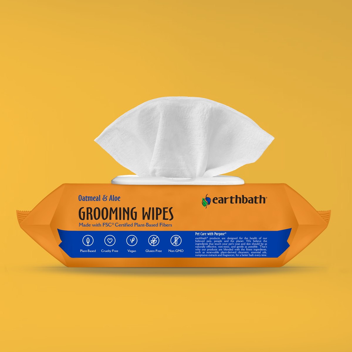 Pack of Earthbath grooming wipes on a yellow background