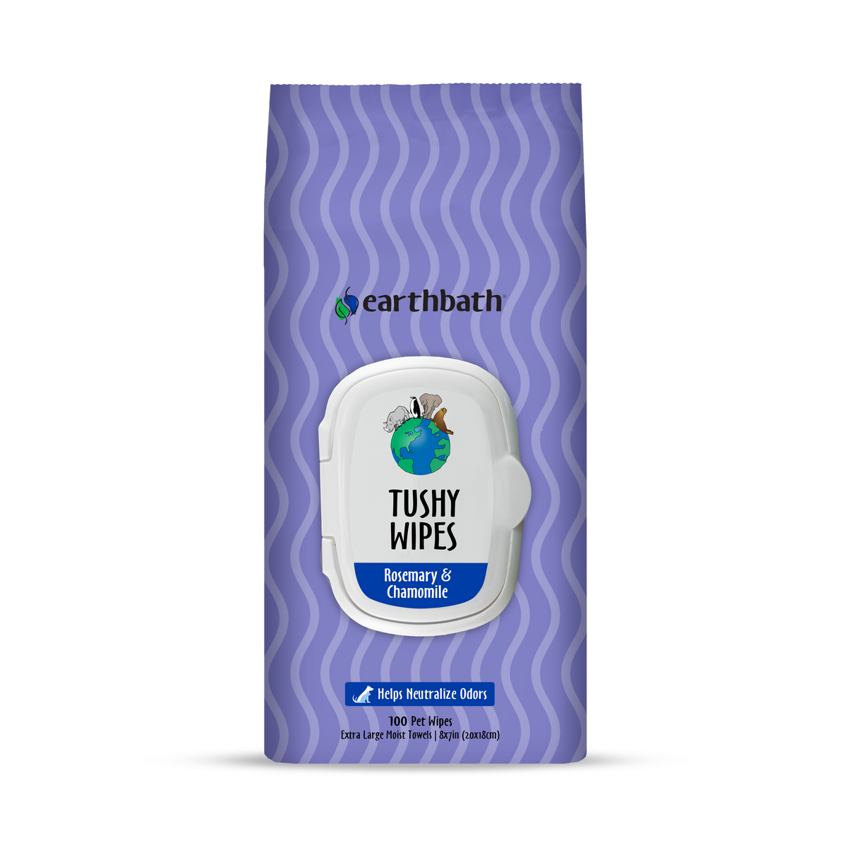 Package of earthbath Tushy Wipes with rosemary and chamomile for pets.