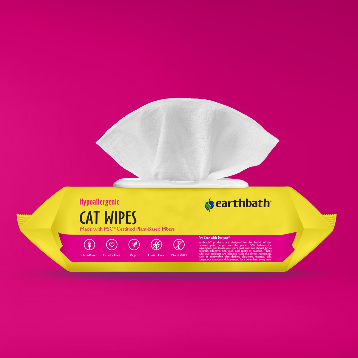 Earthbath cat wipes packaging on a pink background
