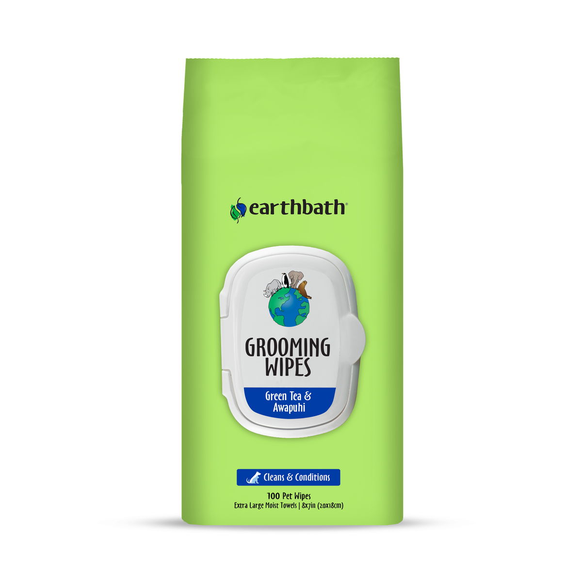 A pack of earthbath Grooming Wipes for pets with green tea and awapuhi scents, featuring a white and green design with product information.