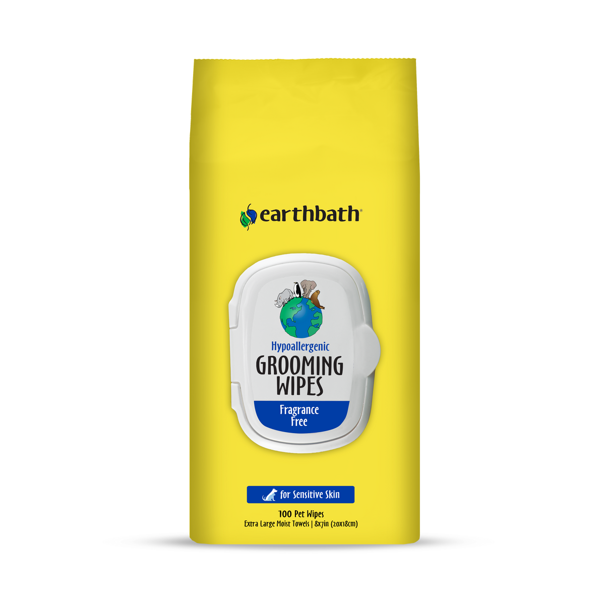 A pack of earthbath Hypoallergenic Grooming Wipes for pets, with a label showing the brand logo and product information. The packaging is yellow with a white and blue label.
