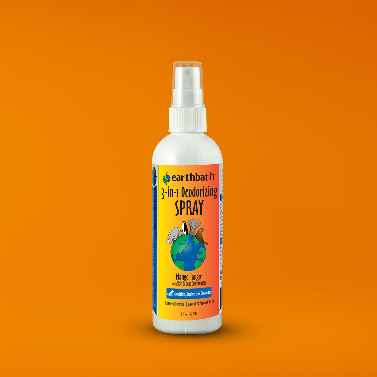 Bottle of Earthbath 3-in-1 Deodorizing Spray on an orange background
