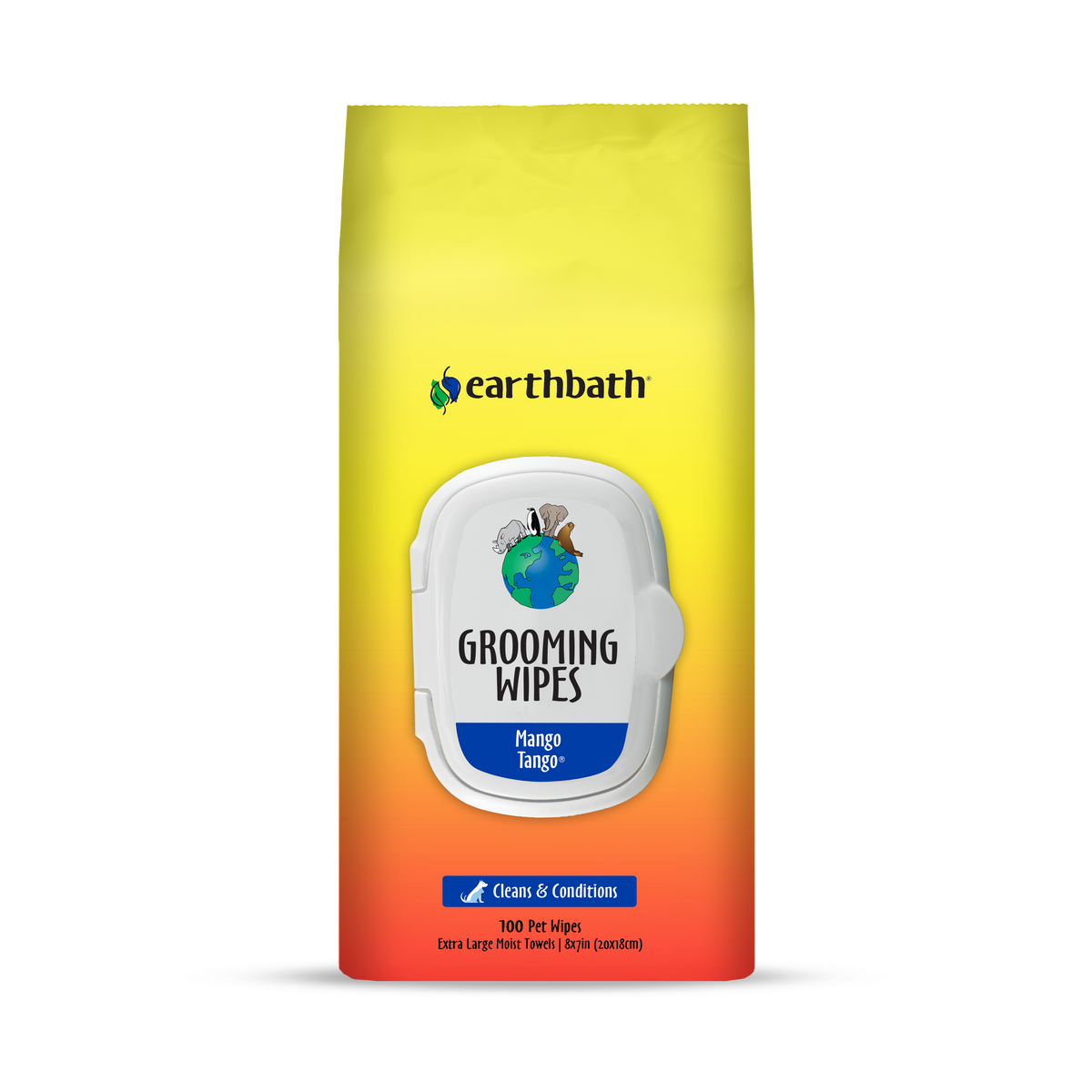 A package of earthbath Grooming Wipes with the Mango Tango scent, featuring a white and yellow design with a graphic of a mango and a paw print.