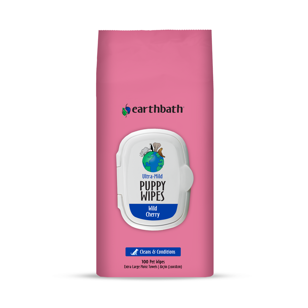 A pack of earthbath Ultra-Mild Puppy Wipes with a white background, featuring a white lid with the product name and a blue logo, and text indicating the use and features of the wipes.