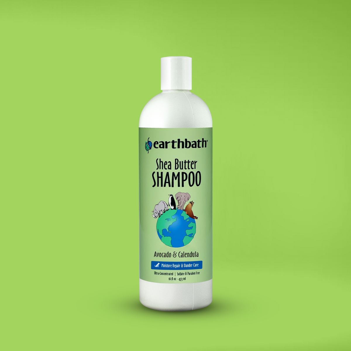 A bottle of earthbath Shea Butter Shampoo for pets, with a label on green background