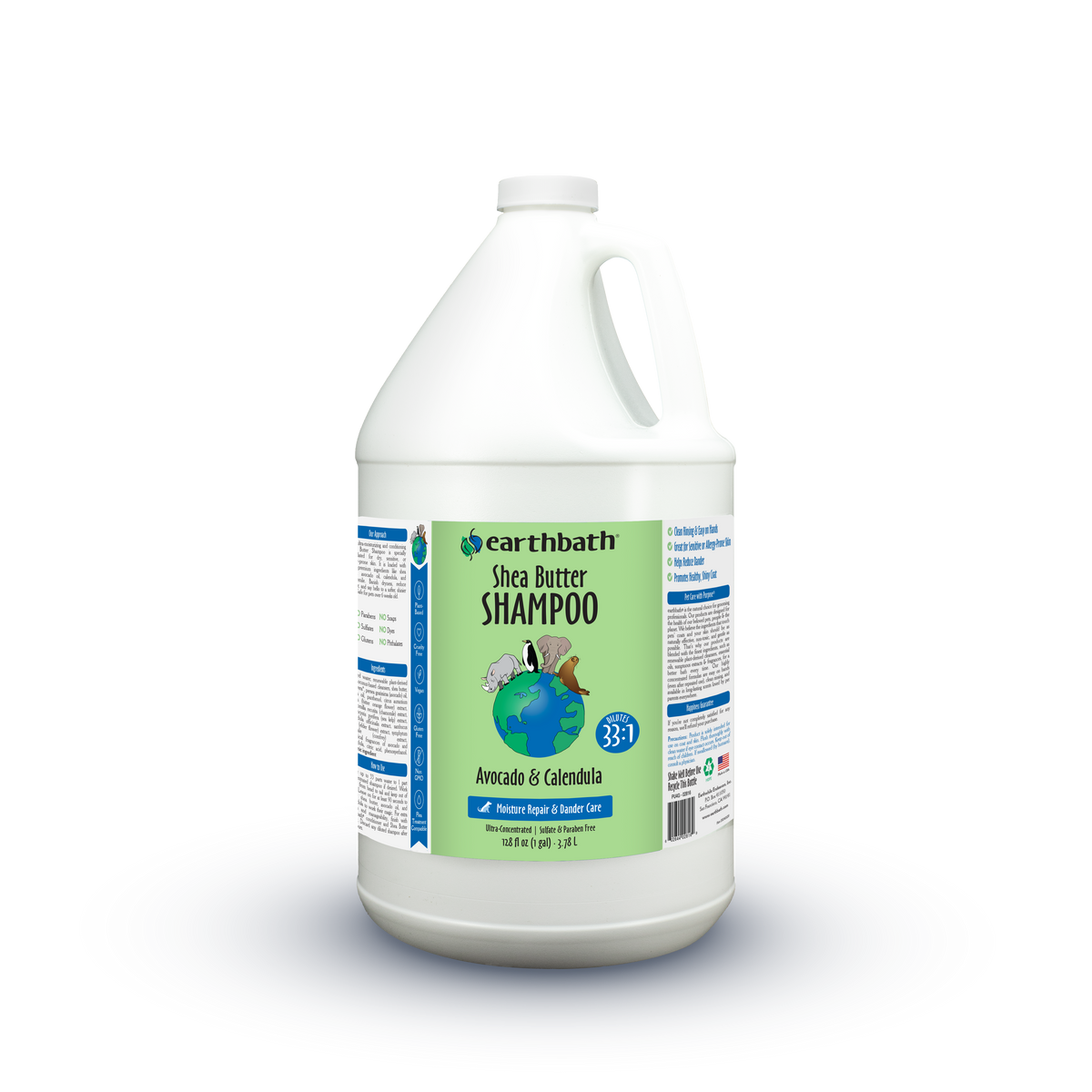 A white plastic bottle of Carthath Shea Butter Shampoo with a label