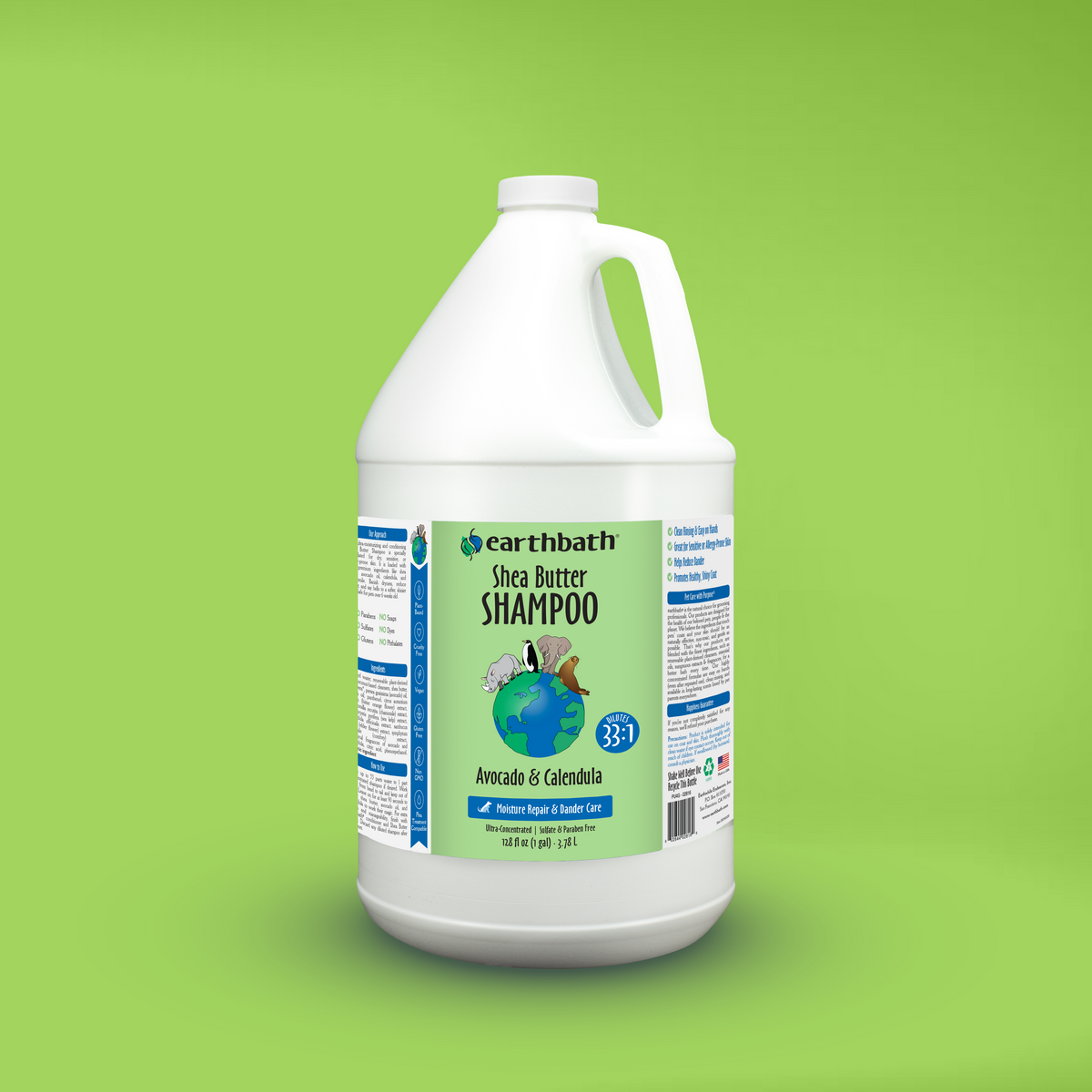 A white plastic bottle of Carthath Shea Butter Shampoo with a label on a green background