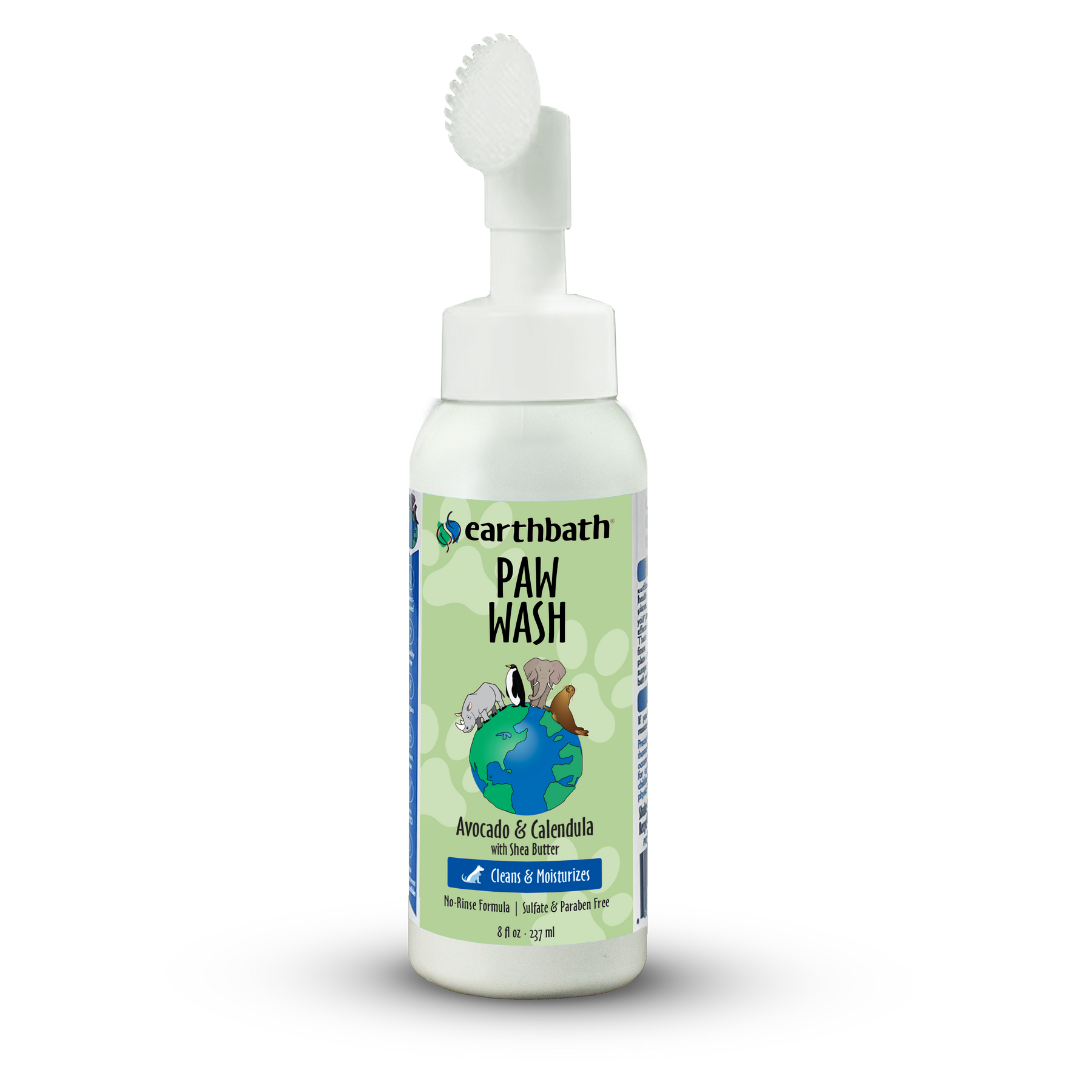 A bottle of earthbath Paw Wash with a white spray pump and a label that shows the product name with an illustration of animals on the front.