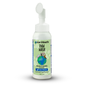 A bottle of earthbath Paw Wash with a white spray pump and a label that shows the product name with an illustration of animals on the front.