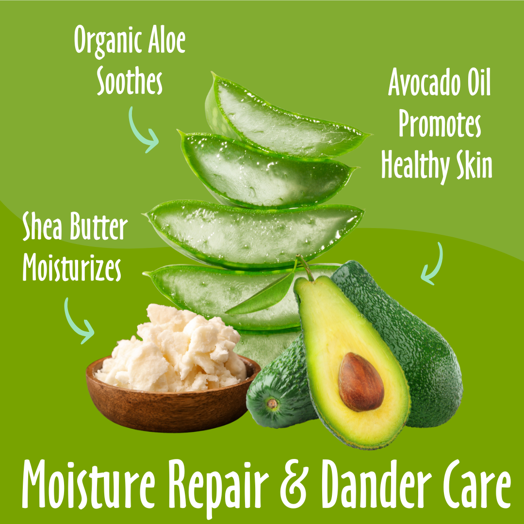 Moisture Repare & Dander Care elements like avocado oil, aloe vera and shea butter and their benefits.