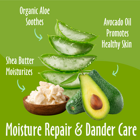 Moisture Repare & Dander Care elements like avocado oil, aloe vera and shea butter and their benefits.