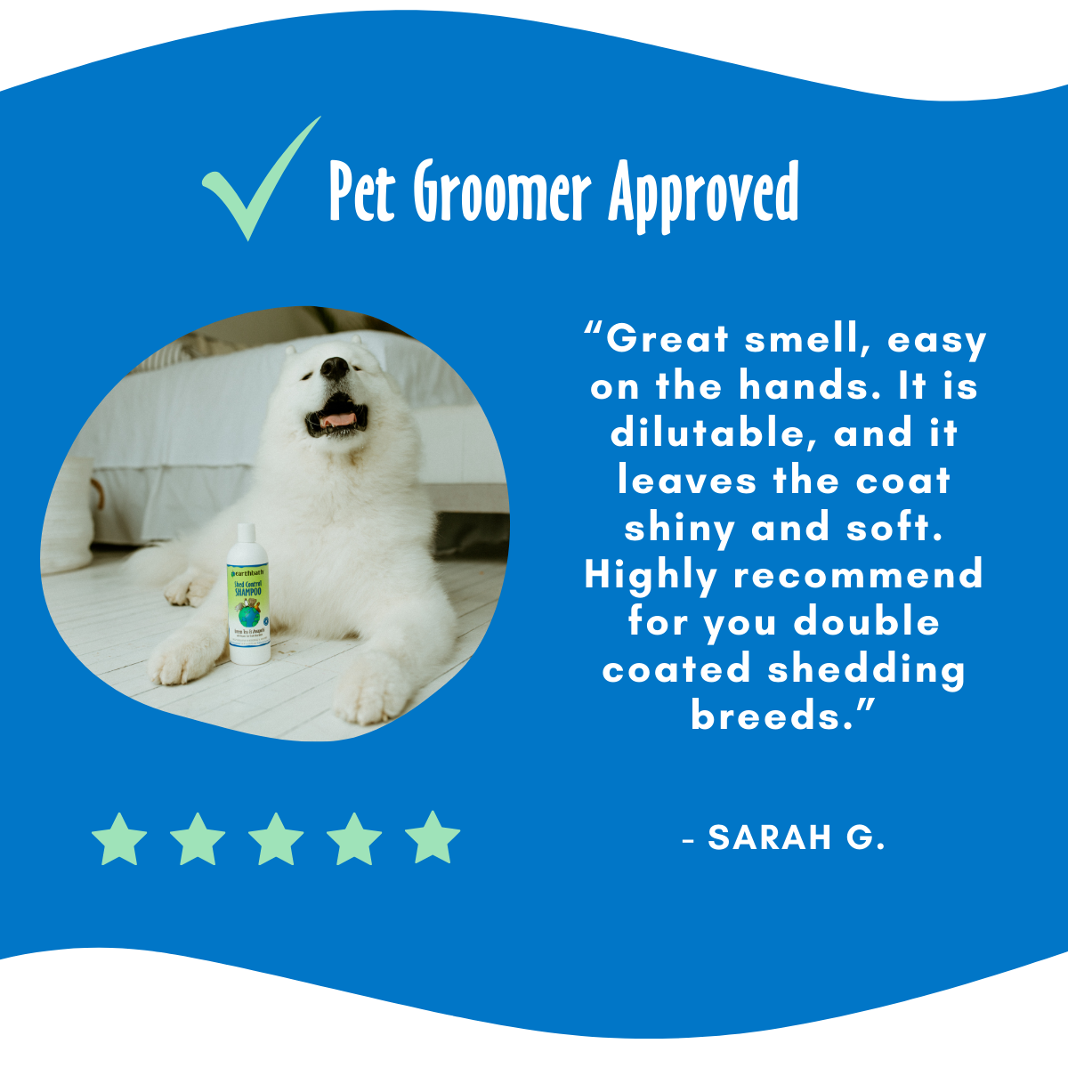 Shed Control Set testimonial with a happy dog next to it