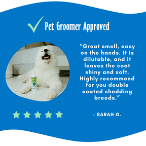 Shed Control Set testimonial with a happy dog next to it