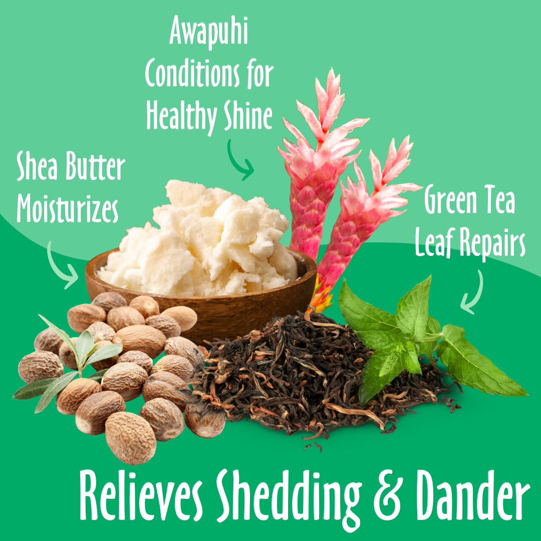 Relieves Shedding & Dander elements like green tea, awapuhi and shea butter and their benefits. 