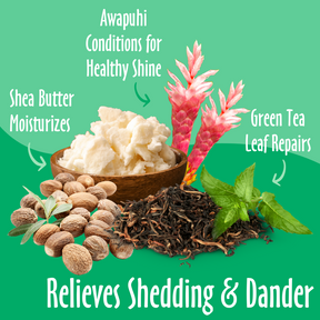 Relieves Shedding & Dander elements like green tea, awapuhi and shea butter and their benefits. 
