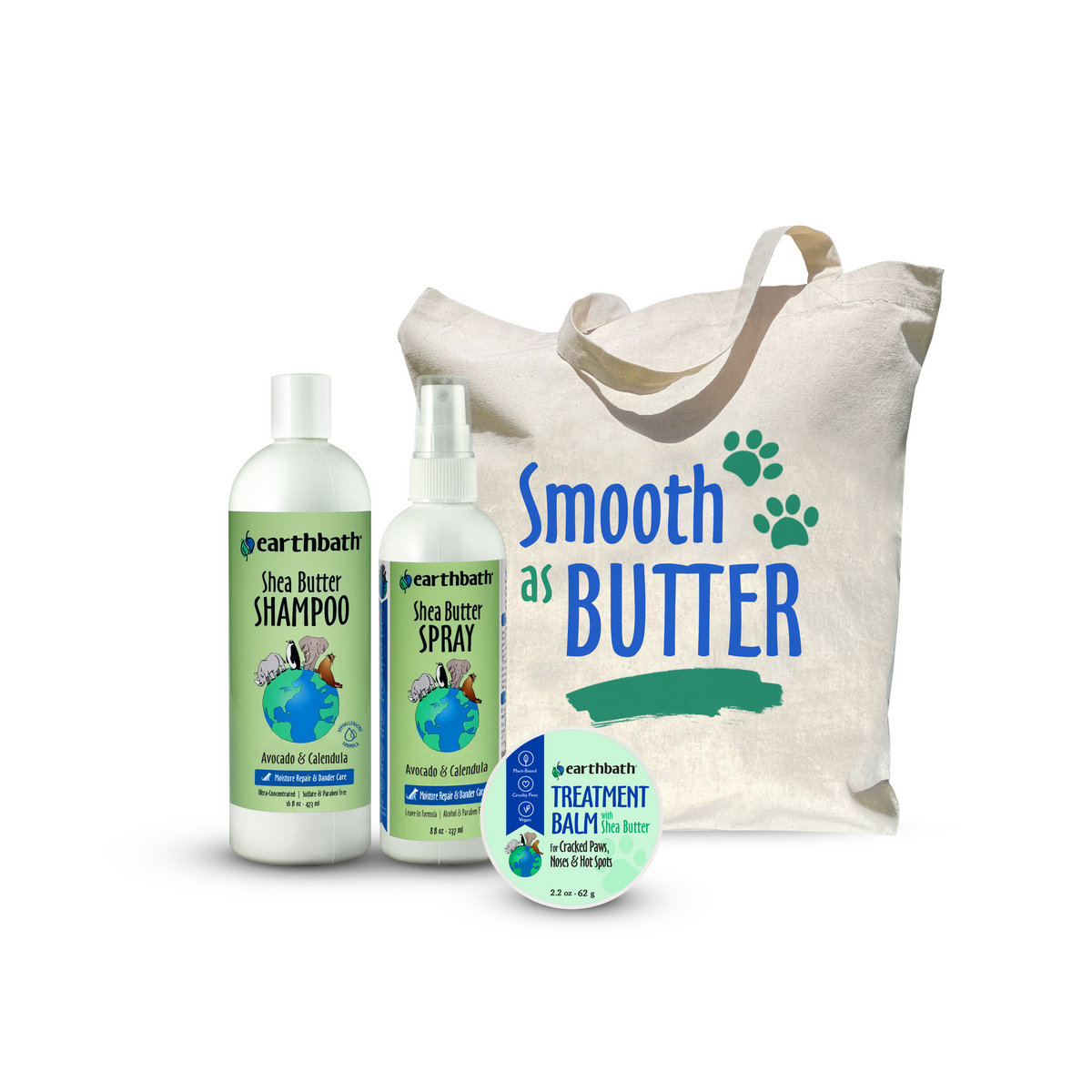 A collection of pet grooming products including shea butter shampoo, spray, and treatment balm, along with a reusable canvas shopping bag with the text 'Smooth As Butter' and paw prints.