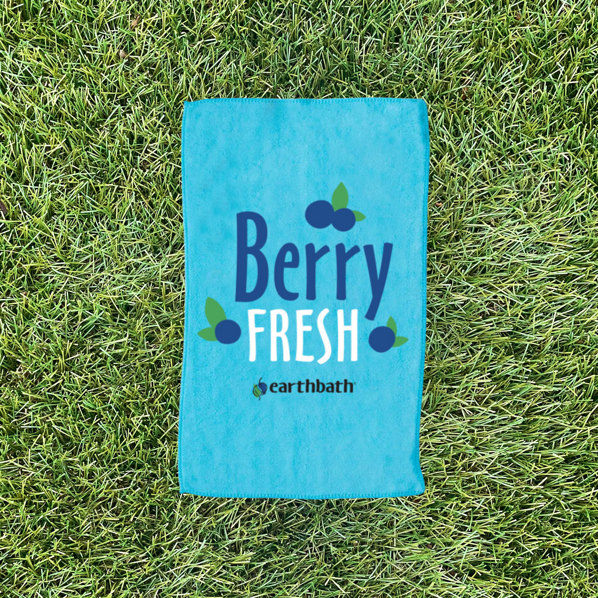 Microfiber Face Towel with text "Berry Fresh" on the grass